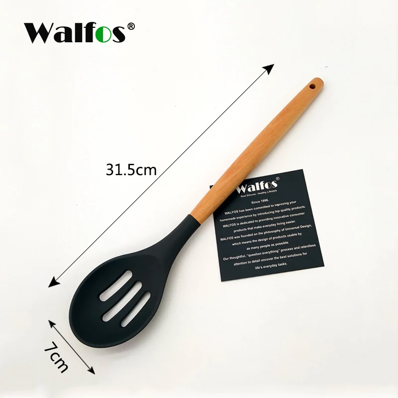 WALFOS, кухонные инструменты, Натуральный Бук, деревянная ручка, силиконовая кухонная утварь, набор силиконовых кухонных инструментов, набор посуды - Цвет: Slotted spoon F