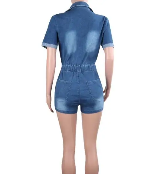 Button Sexy Denim Jumpsuit Short Women Rompers Pocket Bodycon Summer Jeans Overalls Casual Fashion Party Club Lace Up Combishort