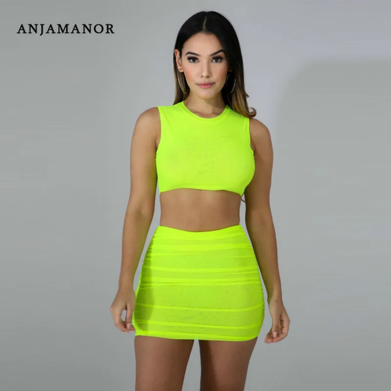 ANJAMANOR Неоновый сетки Сексуальная Bodycon двух частей короткий набор для Для женщин