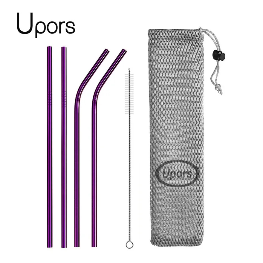 purple bag UPORS многоразовый металлический питьевой соломы 304 соломинки из нержавеющей стали прямо согнуты питьевой соломы с чистильщиком косметичка - Цвет: purple bag
