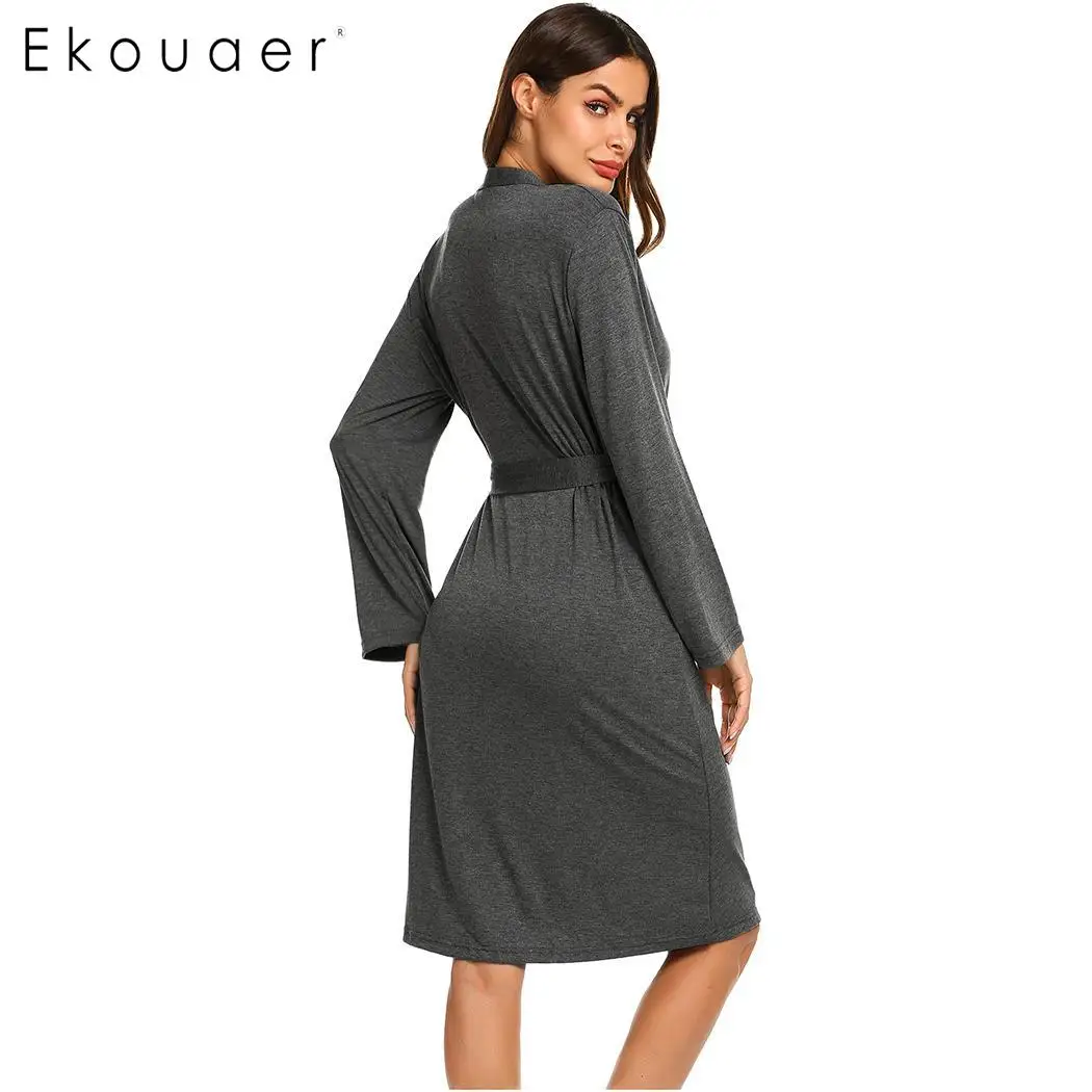 Ekouaer, женские халаты для сна, ночные рубашки с длинным рукавом, однотонное кимоно, халат, ночная рубашка, спа Халат, одежда для сна, Женская домашняя одежда