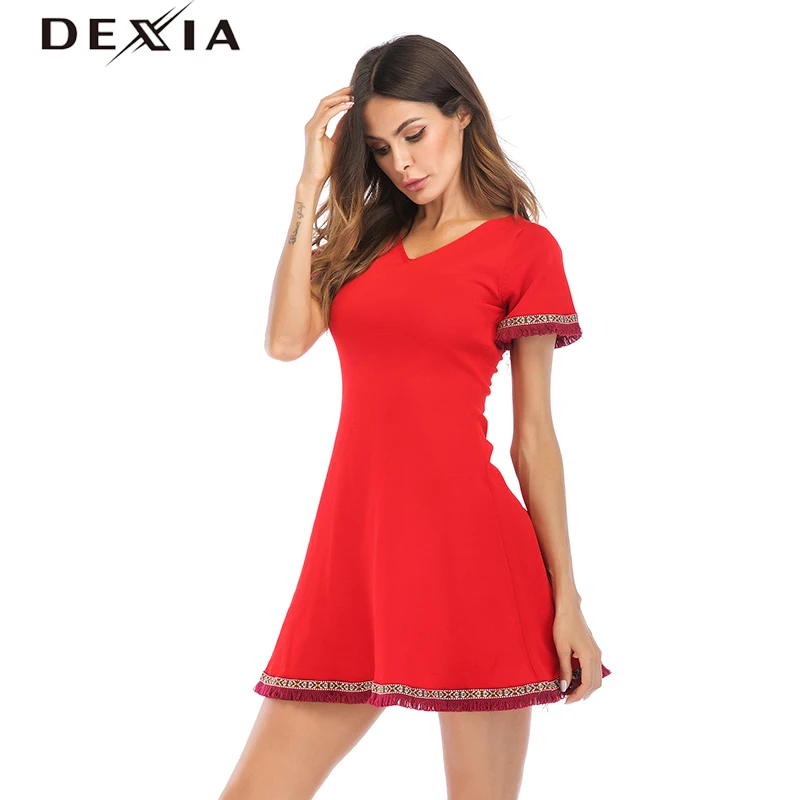 DEXIA летнее Красное Платье Vestidos De Fiesta 2018 Sukienka одежда с v образным вырезом