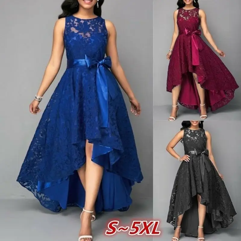 

Womens Formal Party Ladies Prom Lace Long Dress Plus Size Sleeveless summer Asymmetric High waist ress