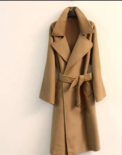 Womens Woolen Cashmere Long Belt Trench Coats Mid-calf British Overcoat Casual Duffle Outwear Luxury Warm 2Colors Plus SPY9016 | Женская