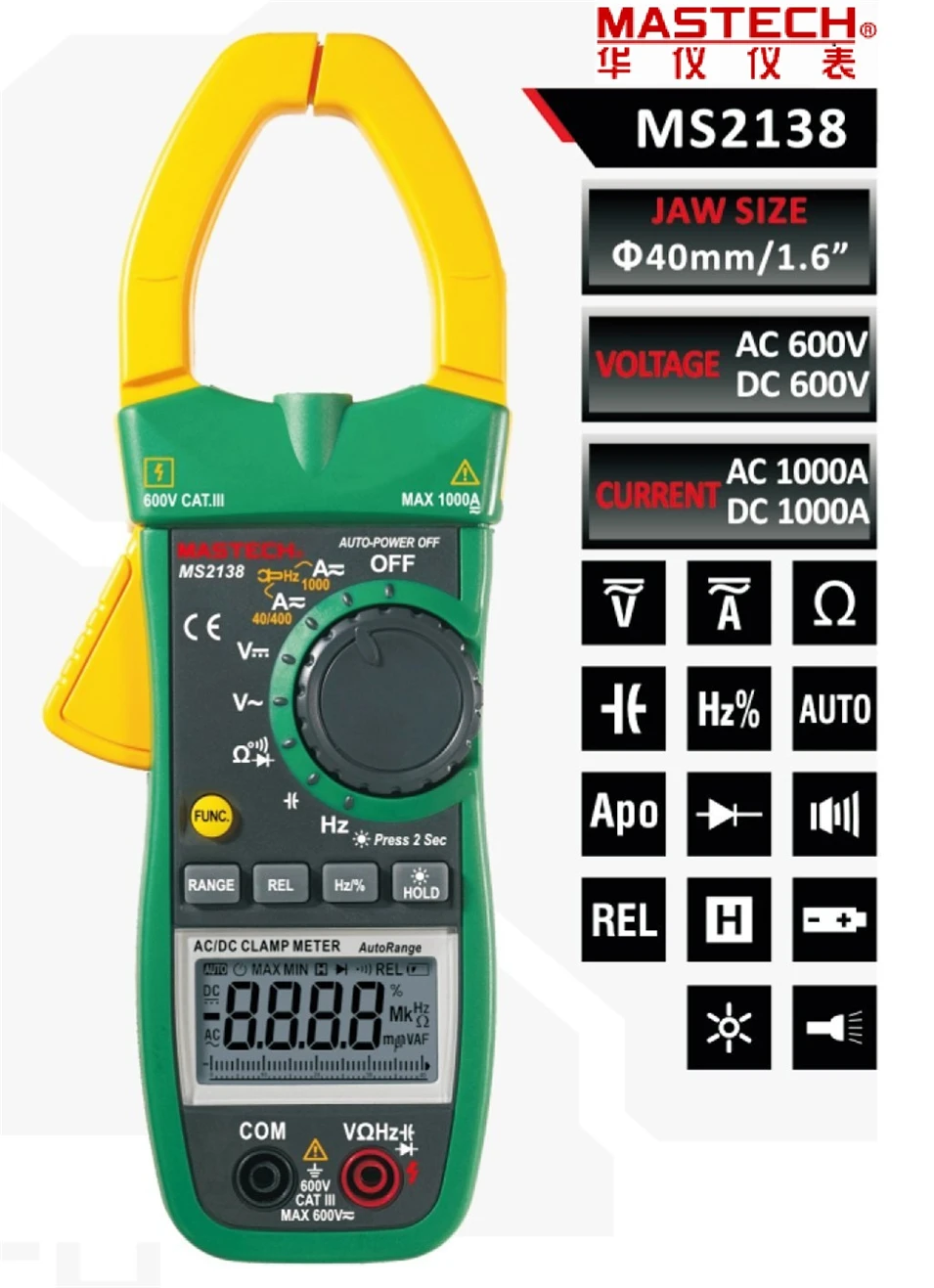 MASTECH MS2138 Цифровой клещи мультиметр DC/AC Напряжение ток 1000a пинза amperimetrica ЖК-дисплей