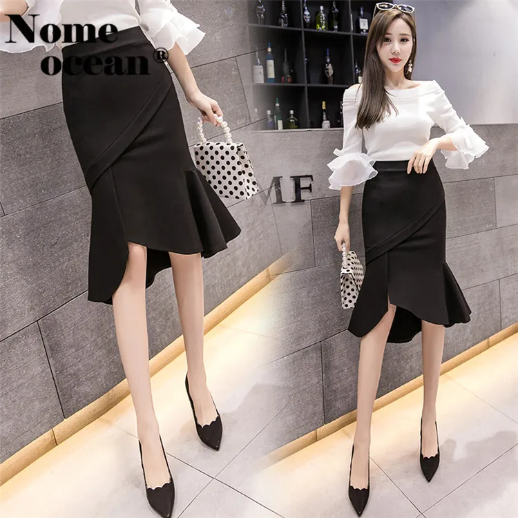 Sexy Mermaid Ruffle Midi Skirts for Women 2019 Summer Slit Office Lady Female Skirt Black S-XXL Plus Size OL M19032102 | Женская одежда