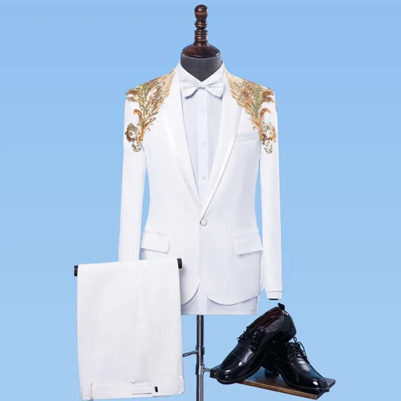 Formal White Men's Suits Gold Sequins Slim Tuxedo Singer Stage Performance Costumes Wedding Party Prom Host Chorus Suit