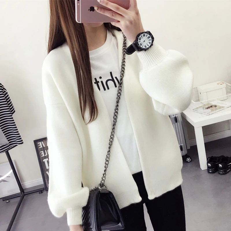 Винтажный вязаный кардиган с рукавами-фонариками Осень-зима модный однотонный