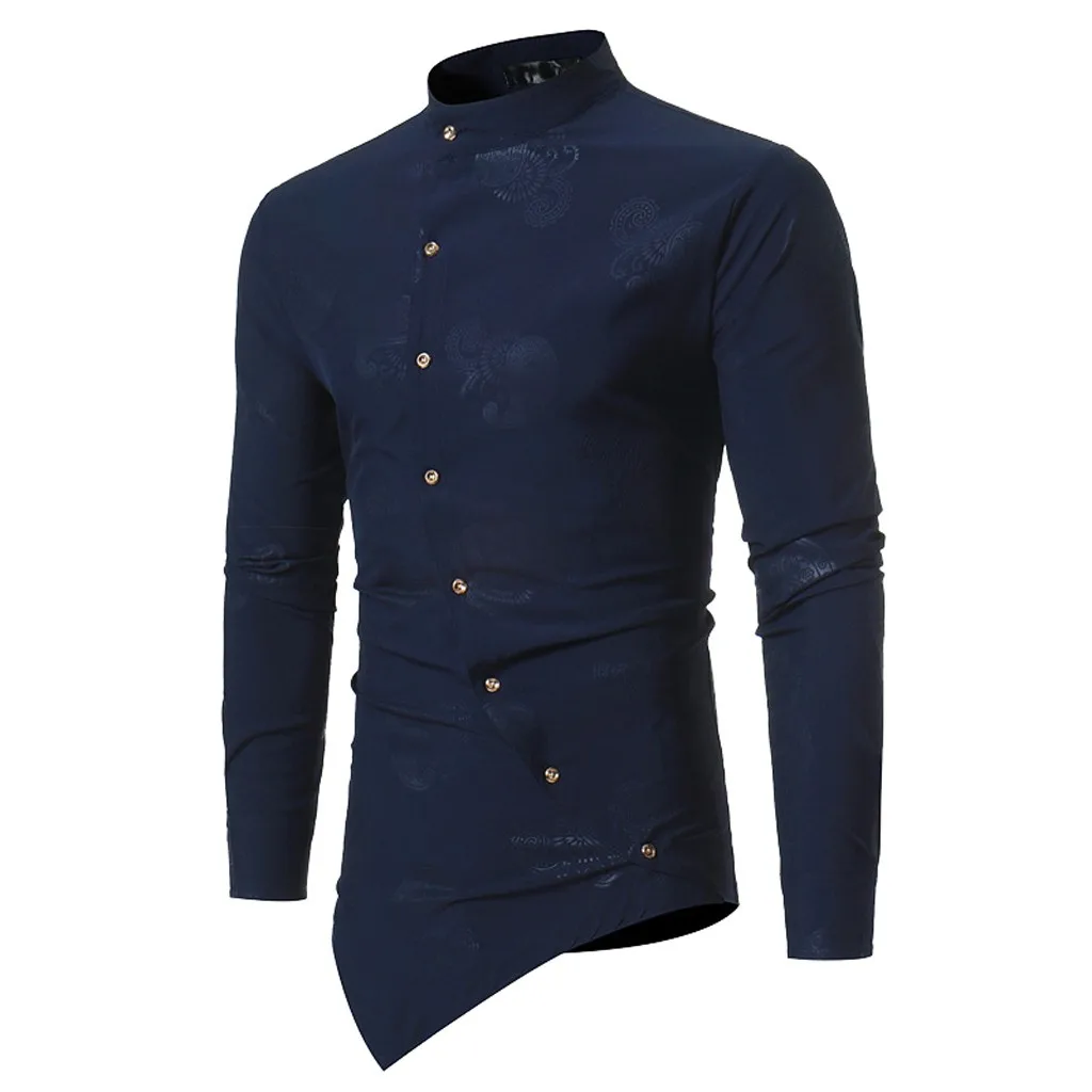 Navy Новое поступление мужские рубашки мужские весенние Irraguler Slim Fit с длинным рукавом печатные мышцы футболки Топ Блузка camisa masculina#3 - Цвет: Navy