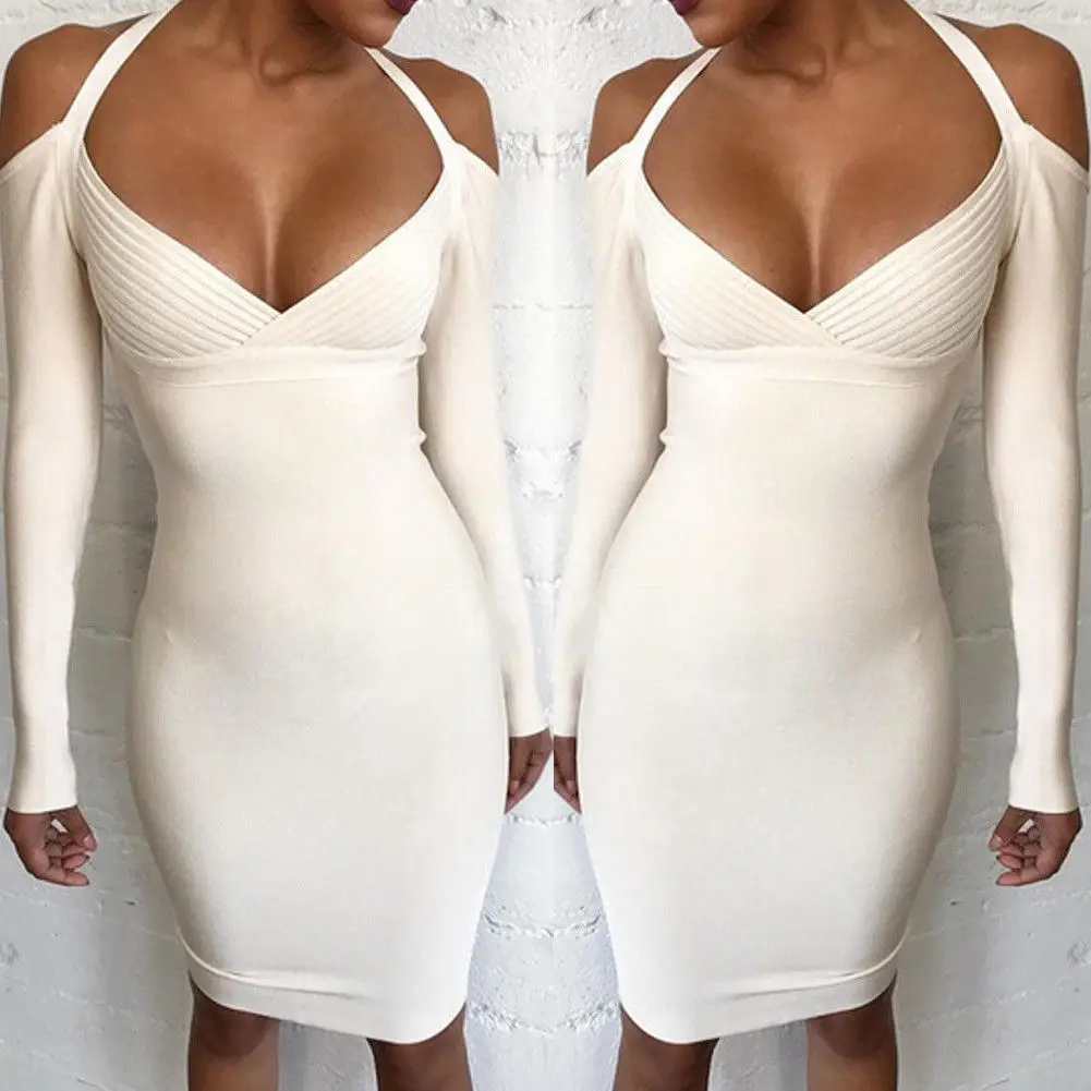 2019 New Style Fashion Hot Pure Color Sexy Women Autumn Winter Long Sleeve Deep V Neck Knit Sheath Mini Dress | Женская одежда