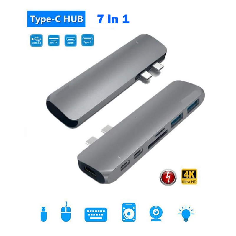 7 в 1 USB 3 Dual type C к USB3.0 концентратор + SD/TF кард ридер данных Thunderbolt HDMI 4K для MacBook