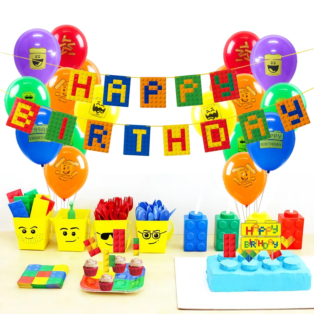 

Colourful Brick Theme Party Set Latex Balloons Happy Birthday Banner Cake Topper Building Block Kids Brick and Block Decorations