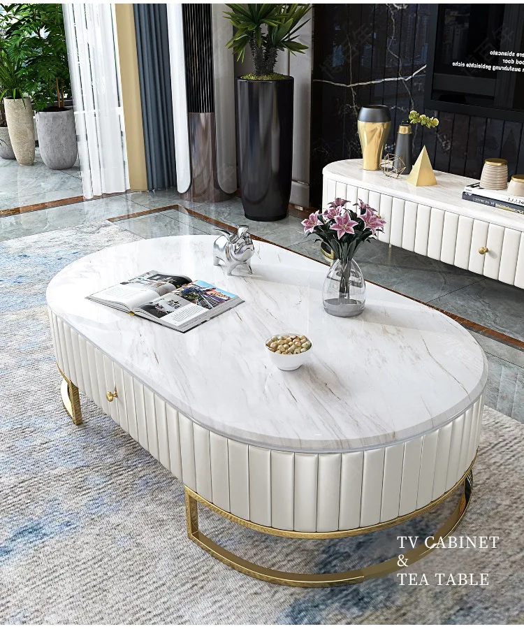 Чайный столик bluek/white гостиная ТВ монитор Мраморная кожа овальный край шкафа