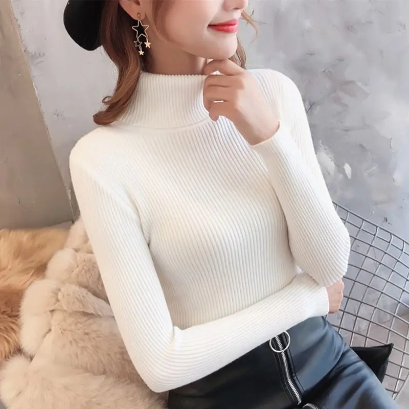 Белый Turtleneck Warm Women Sweater Autumn Casual Korean Winter Knitted Femme Pull High Elastic Female Basic Pullovers Sweater - Цвет: Белый