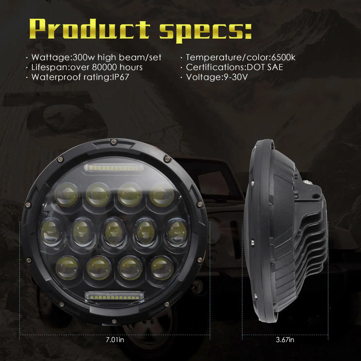 

7 Inch 300W Waterproof LED Car Headlight Daytime Running Light High Low Beam Turn Sighal DRL Lamp for Jeep Wrangler