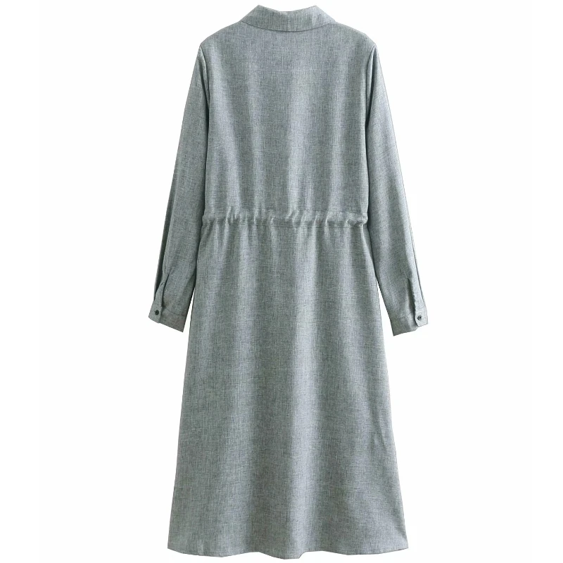 2019 women vintage solid color pocket shirtdress drawstring bow tie linen dress female long sleeve business midi vestidos | Женская