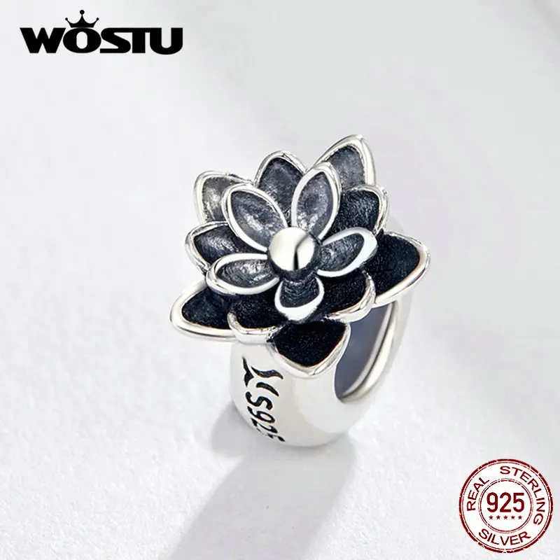 WOSTU S925 бусины Лотос Аутентичные 925 стерлингового серебра Шарм Бусины Fit Браслет и