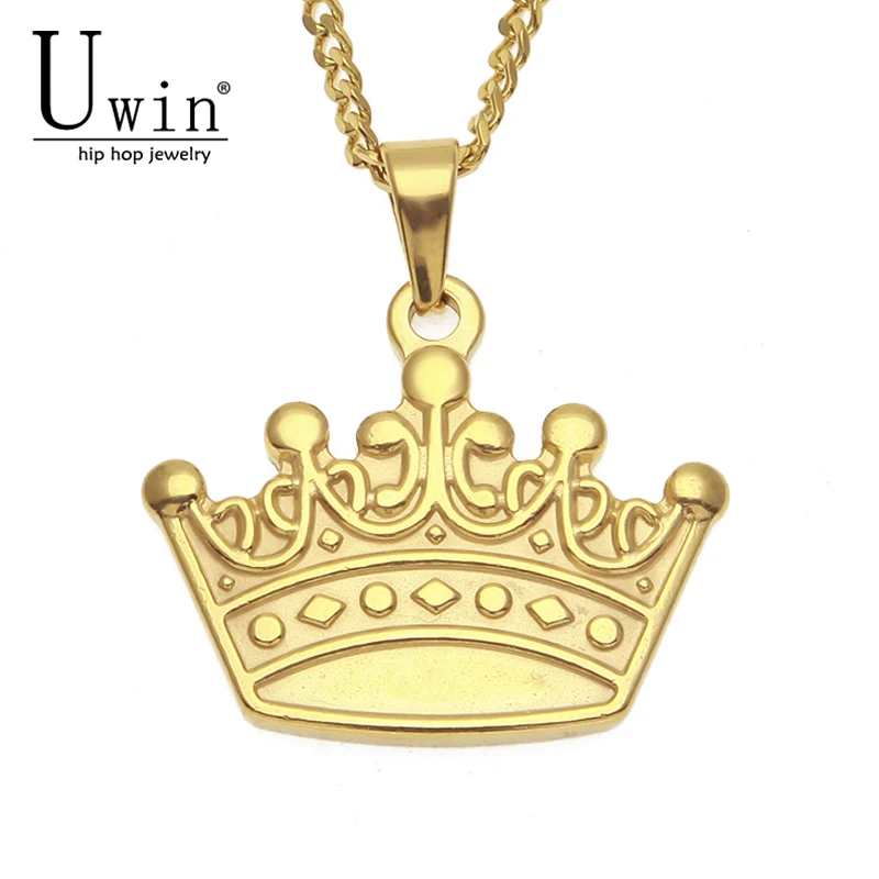 

UWIN, нержавеющая сталь, Королевская корона, золотой цвет, панк кулон, популярное ожерелье в стиле хип-хоп, рок, модная кубинская цепочка для му...
