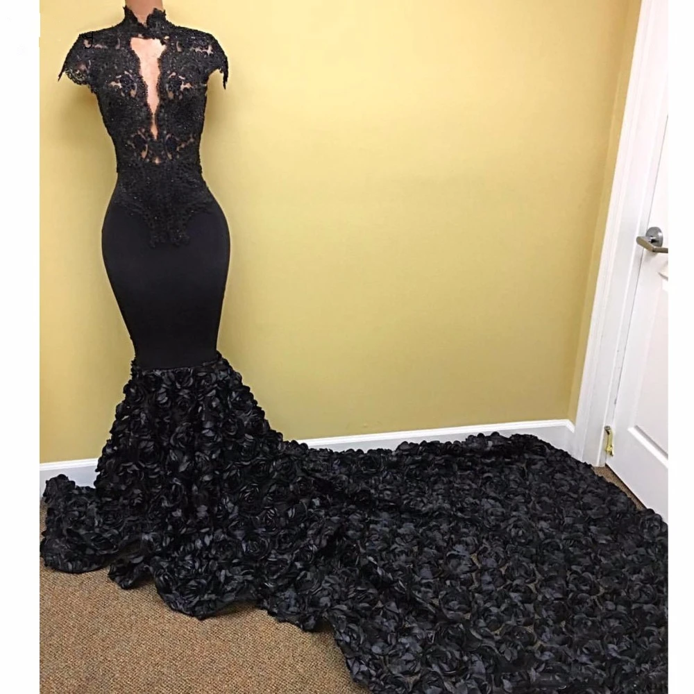 

so Ebi Black 3D Rose Flower Mermaid Bridesmaid Dresses Lace High Collar Long Prom Gowns Short Sleeves Nigeria Party Dress