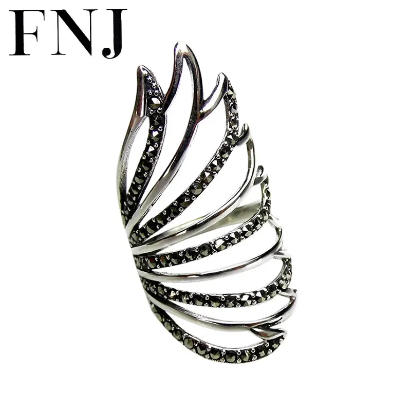 

FNJ 925 Silver Wiing Ring MARCASITE New Fashion Original S925 Sterling Silver Rings for Women Jewelry Adjustable Size