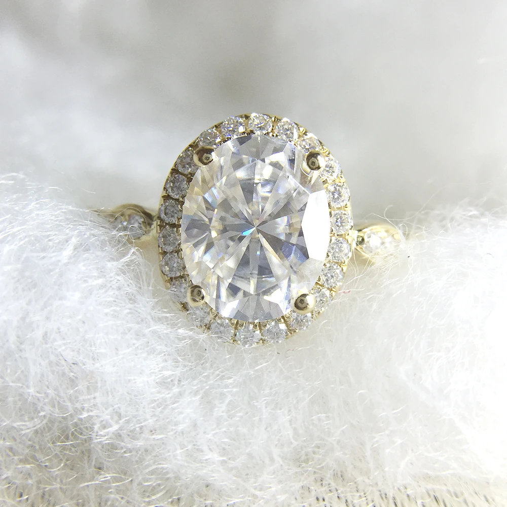 14K желтое золото Halo Moissanite кольцо 7x9 мм 2.0ct карат овальной огранки Brilliant обручальное