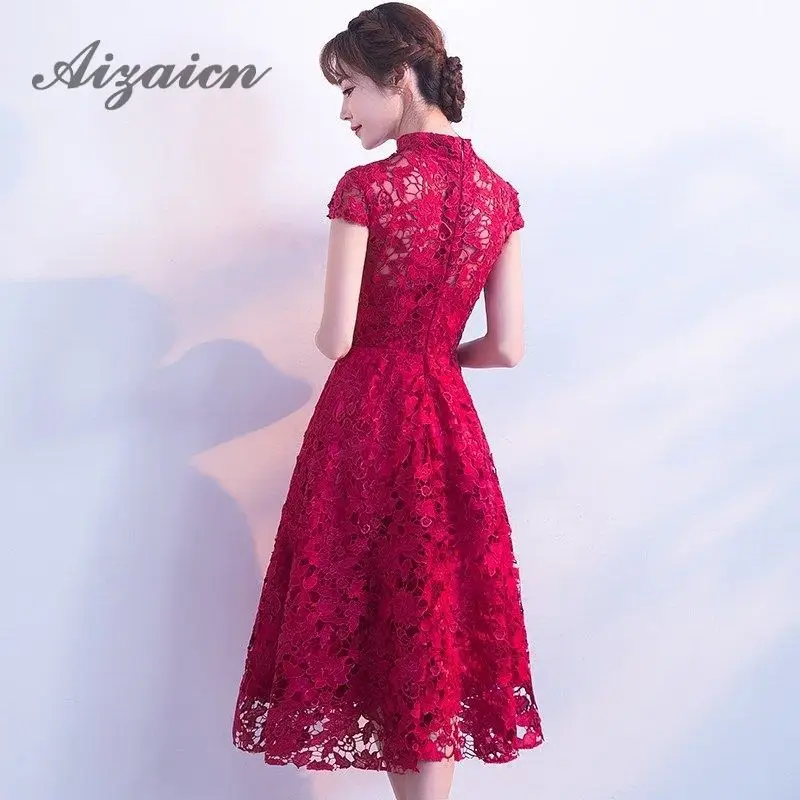 Сексуальное красное платье Cheongsam для невесты, модное длинное свадебное платье Qipao, китайское кружевное традиционное вечернее платье Qi Pao, классическое женское платье