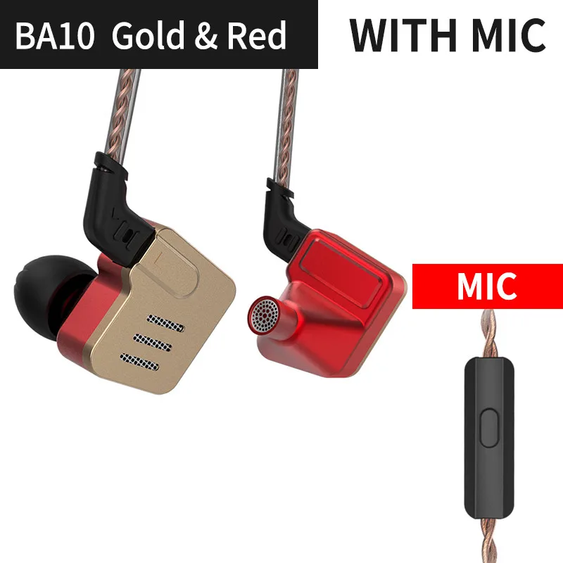 KZ BA10 гарнитура с сбалансированным арматурным драйвером 5BA HIFI бас наушники в ухо монитор наушники Спортивная гарнитура шум KZ AS10 ZS10 ZS6 - Цвет: red gold mic