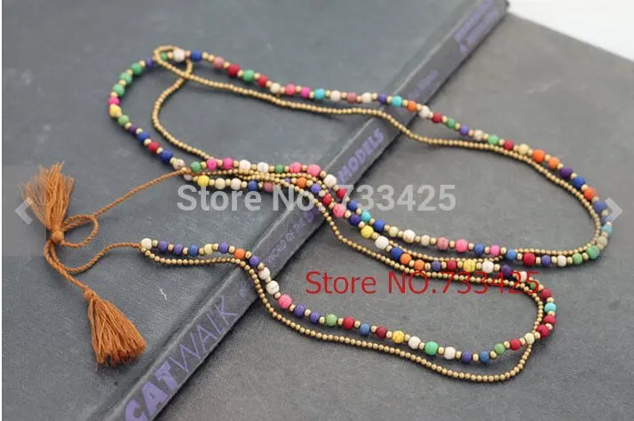 Candy Stone Tassel Long pendant Necklace women handmade woven with cotton cord coloured turquoies and slide closure | Украшения и