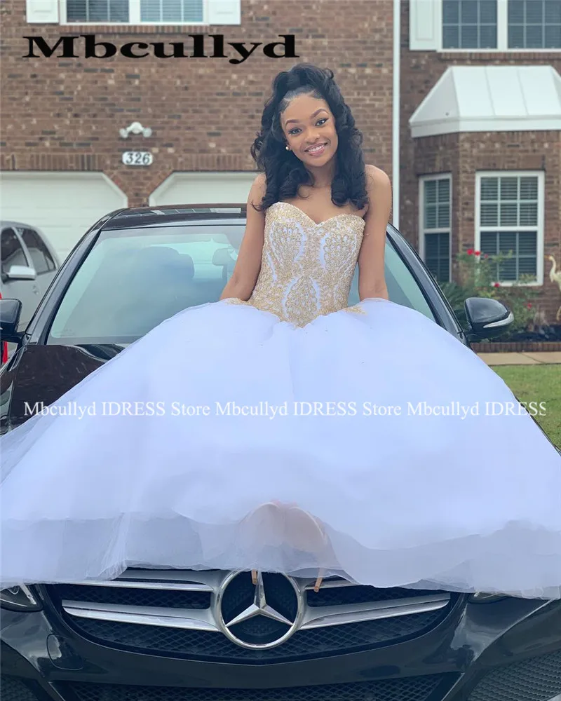 Пышные тюлевые белые платья для Quinceanera 2019 роскошное Золотое кружевное Бальное