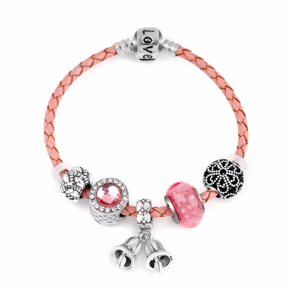 Женский браслет из натуральной кожи с серебряным покрытием и бусинами |