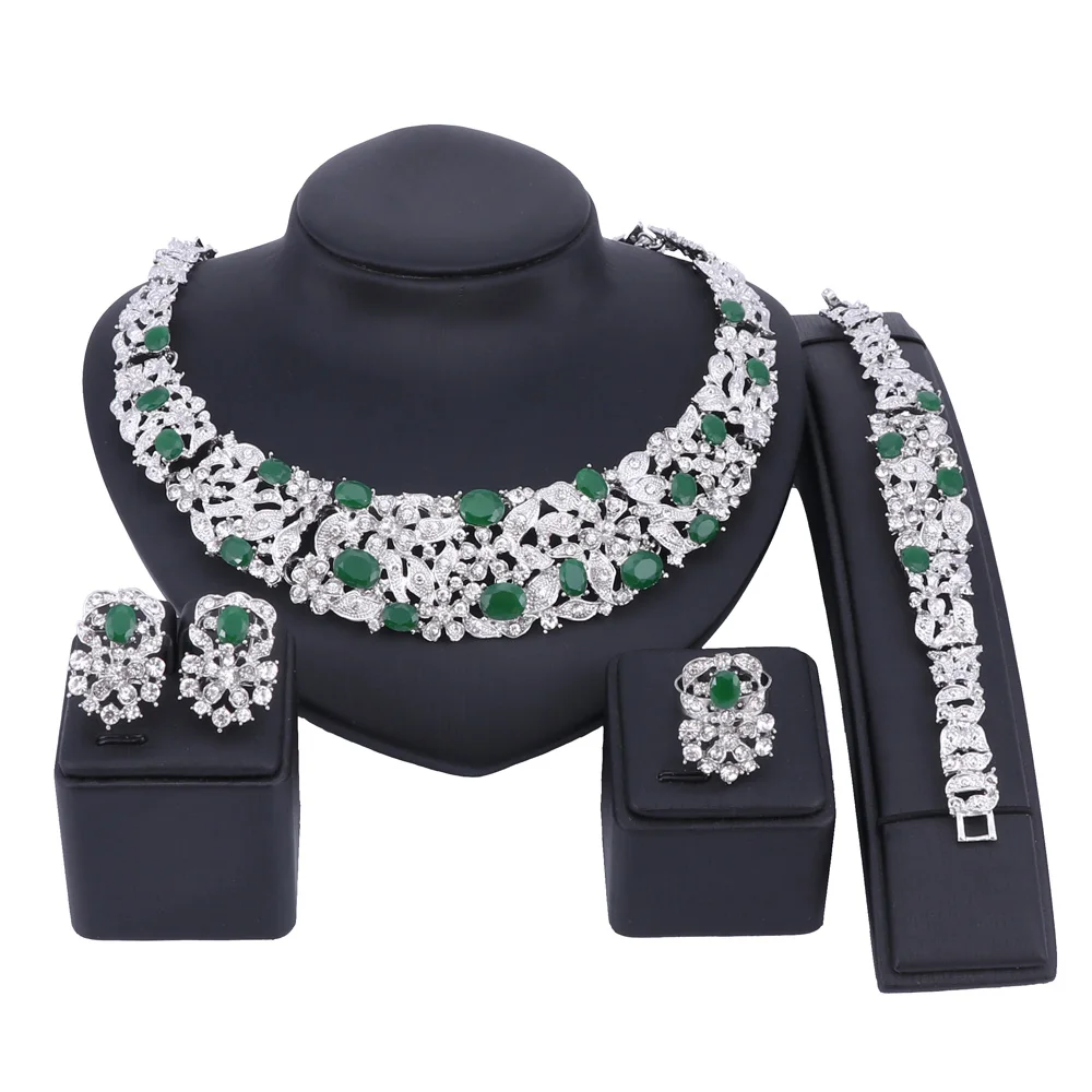 Silver Green Богемные Кристальные Ювелирные наборы для невесты золотого и серебряного цвета, ожерелье со стразами в комплекте, свадебные ювелирные изделия для женщин, свадебные, вечерние, юбилейные - Окраска металла: Silver Green