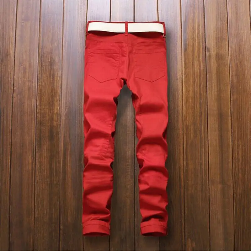 Hirigin Red Jeans Fashion Men Ripped Pants Biker Classic Skinny Fake Zip Straight Denim Streetwear | Мужская одежда
