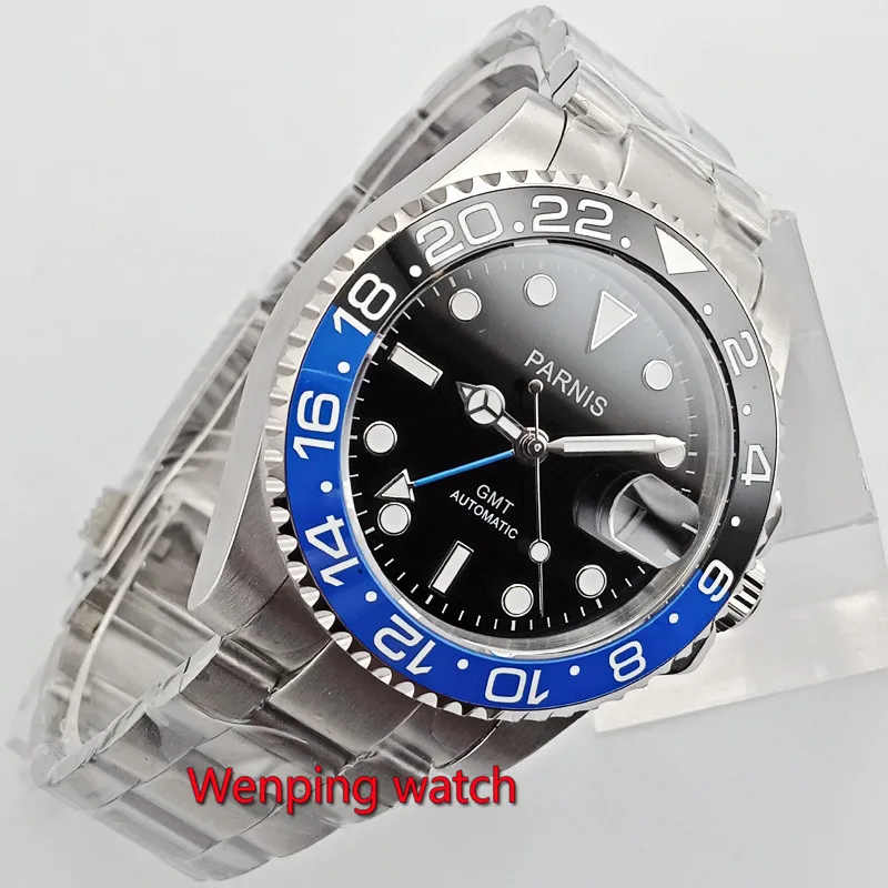 Мужские часы PARNIS 40 мм с черным циферблатом синим GMT Sapphire датой автоматического