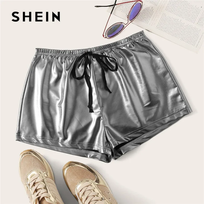 SHEIN однотонные шорты из искусственной кожи с завязками на талии, женская одежда, женские Гламурные Серебристые летние шорты с эластичной талией