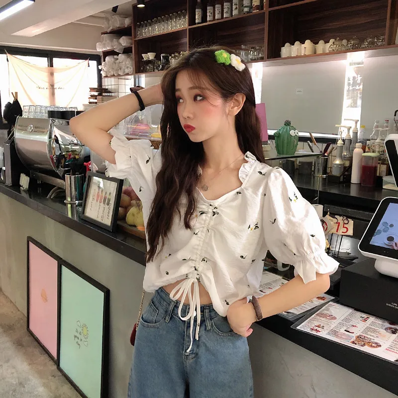 

puff sleeve floral sweet Korean square collar summer style ladies tops Women's Clothing fashion brand Shirts camisa feminina
