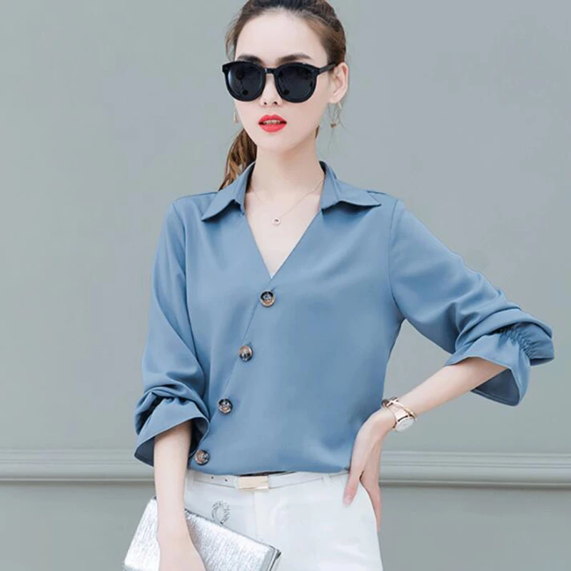 

Women Shirts 2019 Spring New Fashion Casual Shirt Women Clothes Slim Flare sleeve V-neck Blouse Elegant OL Office Ladies Tops