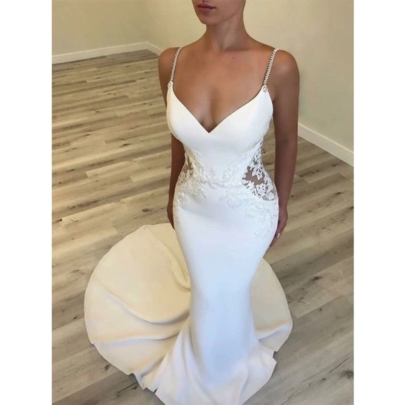 

Sexy Mermaid Long Wedding Dresses 2019 New Spaghetti Sleeveless Sweep Strain Lace Illusion Formal Wedding Gowns Bride Dress