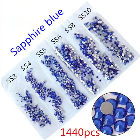 sapphire blue Micui 1440 шт, SS3-SS10, Микс, 6 размеров, AB кристаллы, стеклянные стразы, блестящий кристалл, не исправление, стразы для украшения ногтей MC992 - Цвет: sapphire blue