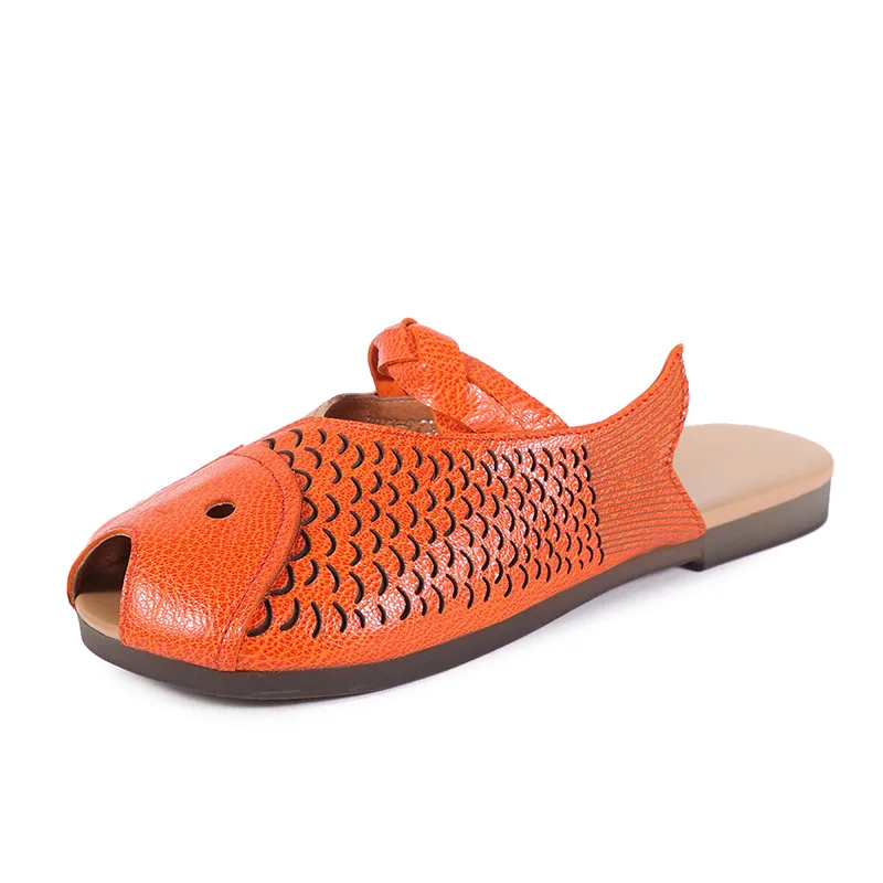 Women Leather Slippers Flat Heels Peep Toe Summer Shoes Girls Casual Handmade Genuine Beach Slipper Fish | Обувь