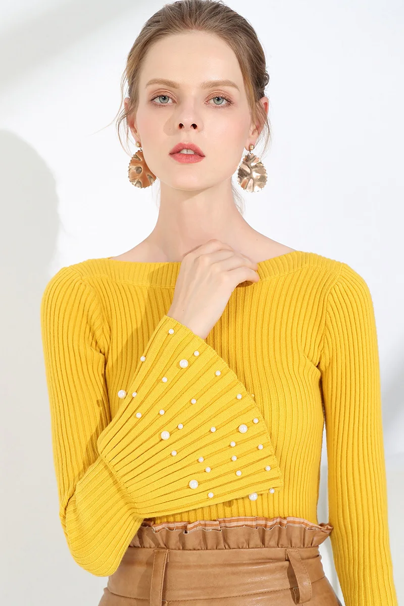 2018 New Winter Autumn Women Pullover Knitted Sweaters Flare Sleeve Slash NecK Pullovers Knitwear Bottom Slim Beading sweater | Женская