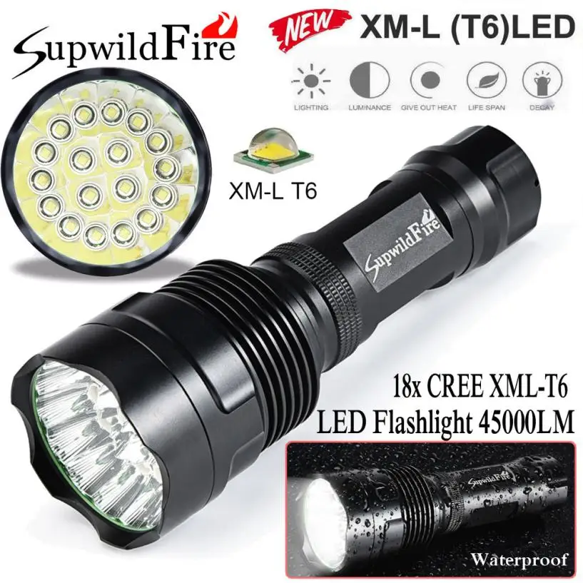 SupwildFire 45000Lm 18x XML T6 LED 5 режимов светодиодный фонарик супер яркий SOS свет лампы 18650