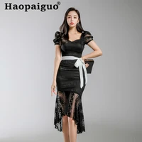 big size korean style black lace dress women short sleeve bodycon wrap midi dress women with sashes ruffles sexy party dresses