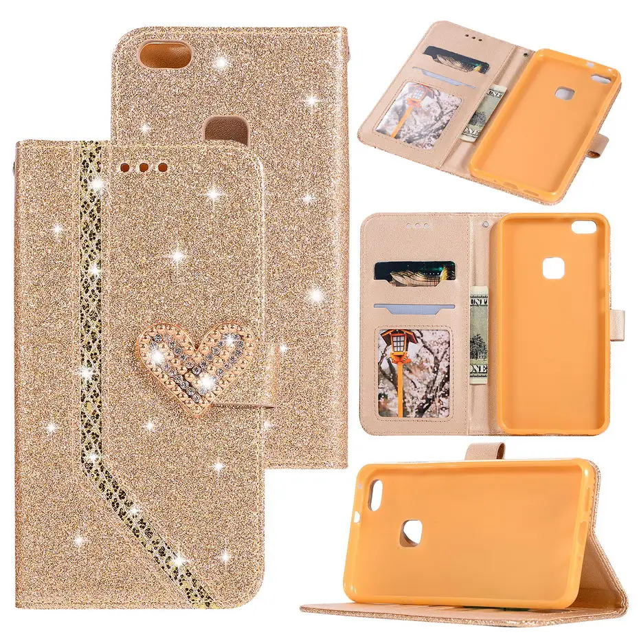 Блестящий чехол бумажник из искусственной кожи с откидной крышкой для huawei P9 P10 P20