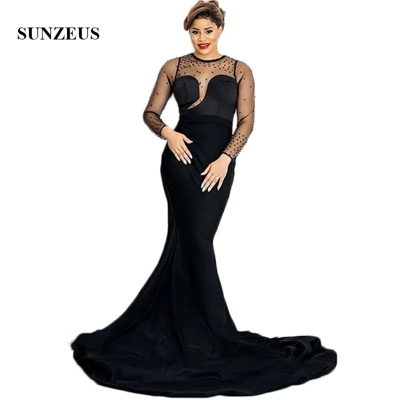 

Sheer Long Sleeve Mermaid African Evening Dresses Illusion O-Neck Black Formal Dresses Stunning Beaded Evening Gowns SE09