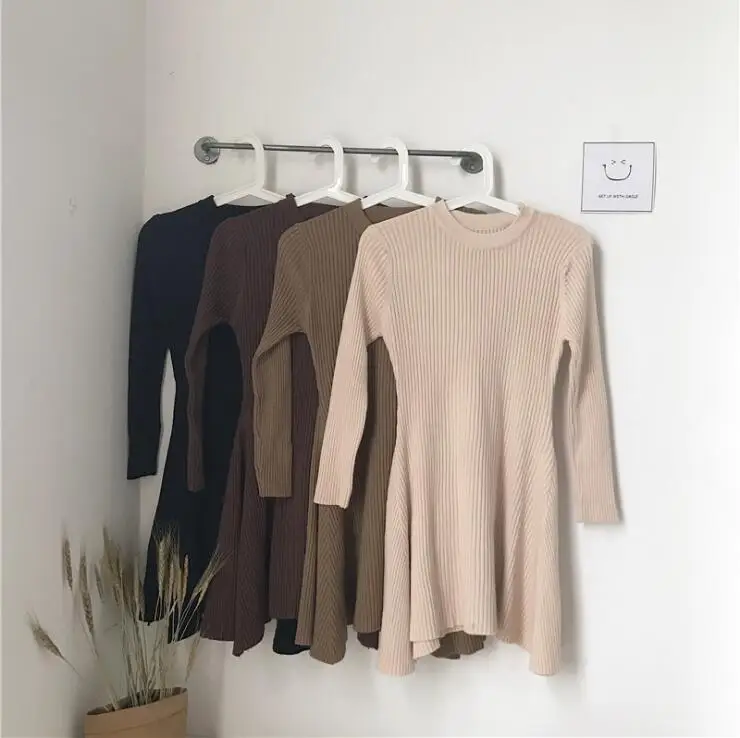 

2018 Winter black Sweater Dress Women o-neck Long Sleeve A Line thick Knit mini Dress bodycon female slim girl short dress 39