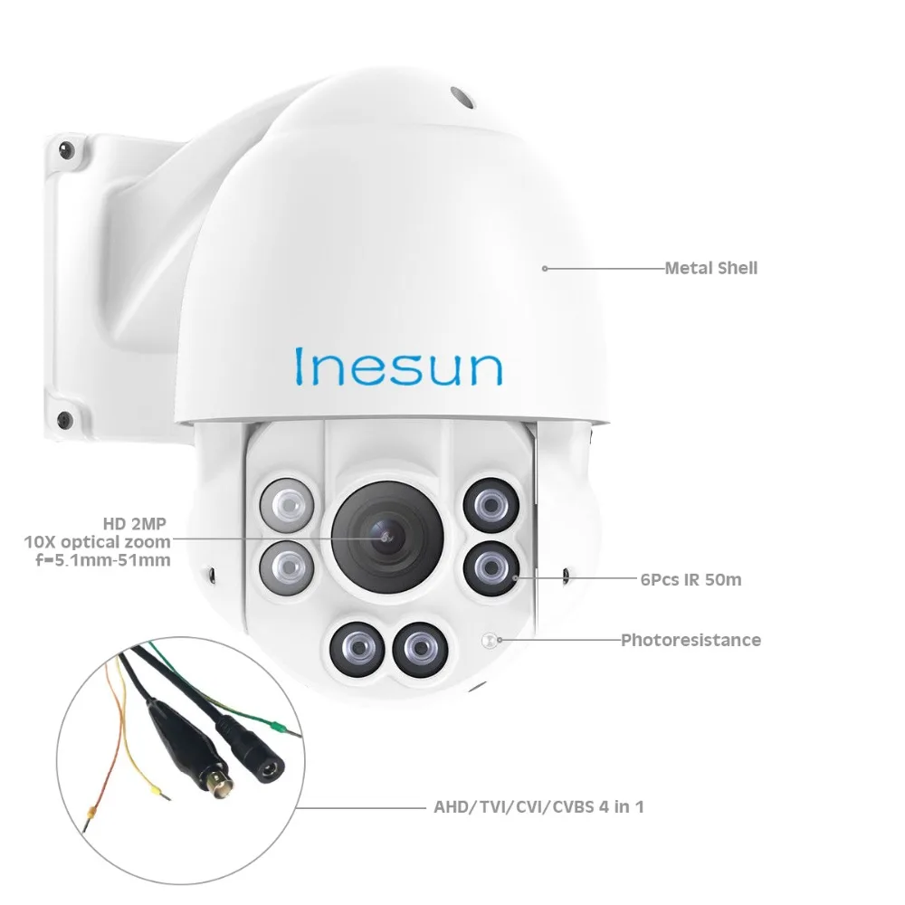 Inesun 2MP 1080p PTZ высокоскоростная купольная камера безопасности 4 в 1 HD TVI/AHD/CVI/CVBS 10X