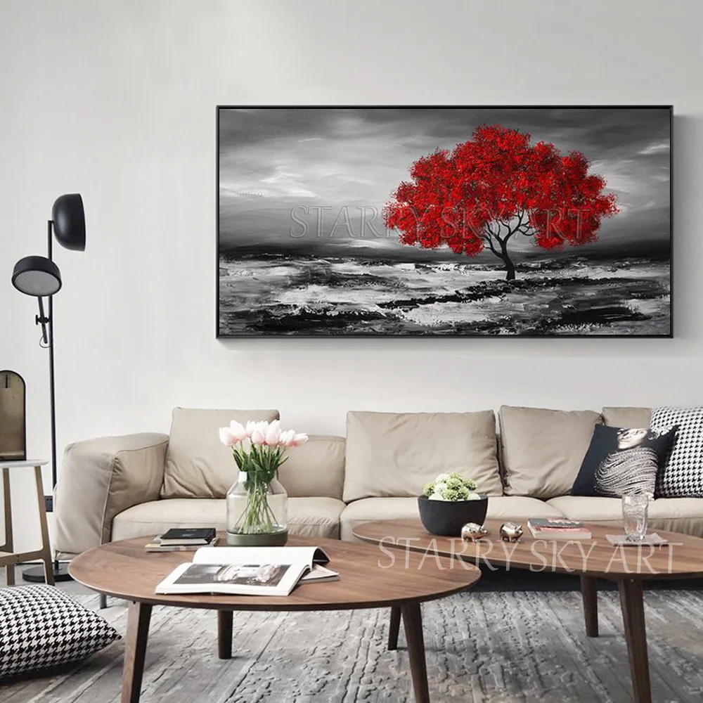 Large Canvas Painting Hand-painted High Quality Abstract Modern Red Tree Oil on Landscape | Дом и сад