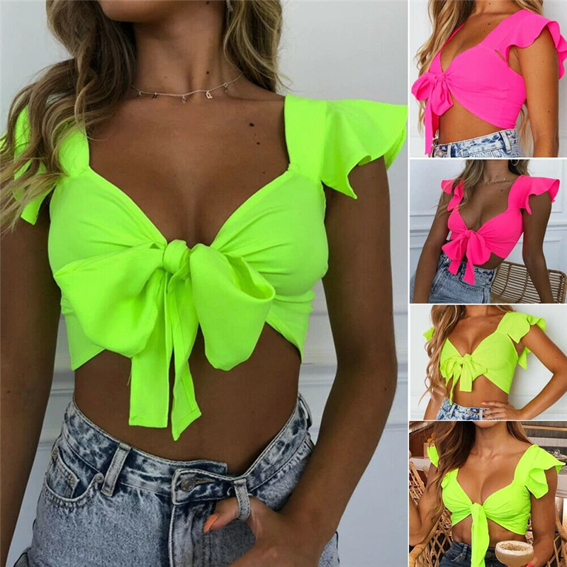 Пикантные Для женщин рубашка сплошной бабочка на шею Front Crop Top рюшами пляжная