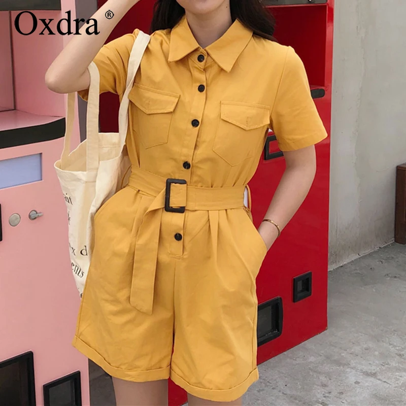 Женские однотонные комбинезоны с поясом Oxdra короткие отложным воротником и