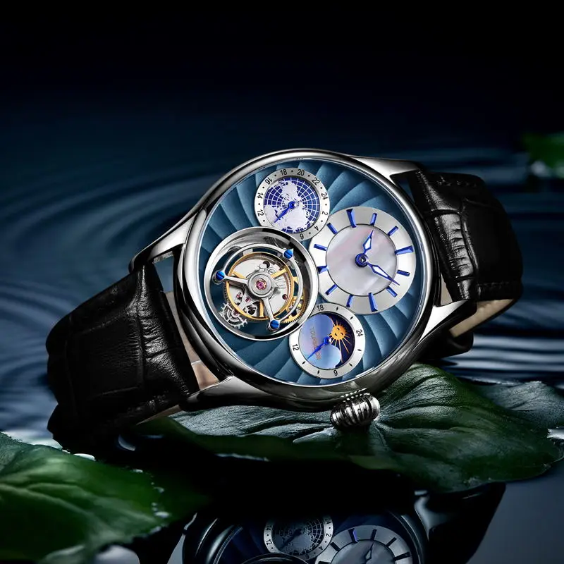 Black sliver blue Золотые оригинальные настоящие Tourbillon Мужские механические часы светящиеся указатели мужские чайки Tourbillon часы Moonphase reloj dorado - Цвет: Black sliver blue